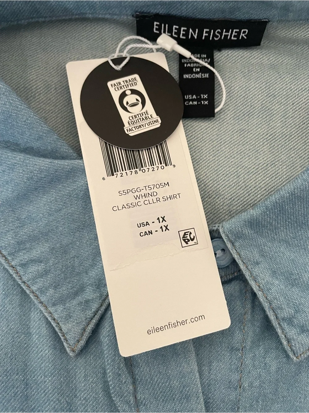 Eileen Fisher Airy Organic Cotton Twill Classic Collar Shirt in Washed Indigo 1X - Picture 3 of 7